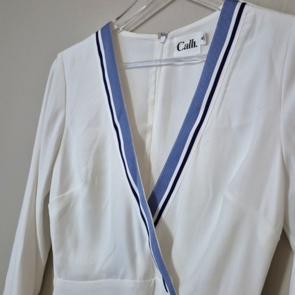 Calli The Label Asta Dress White V-Neck Tennis Prep Dress with Blue Trim, Size 4 - Picture 4 of 16
